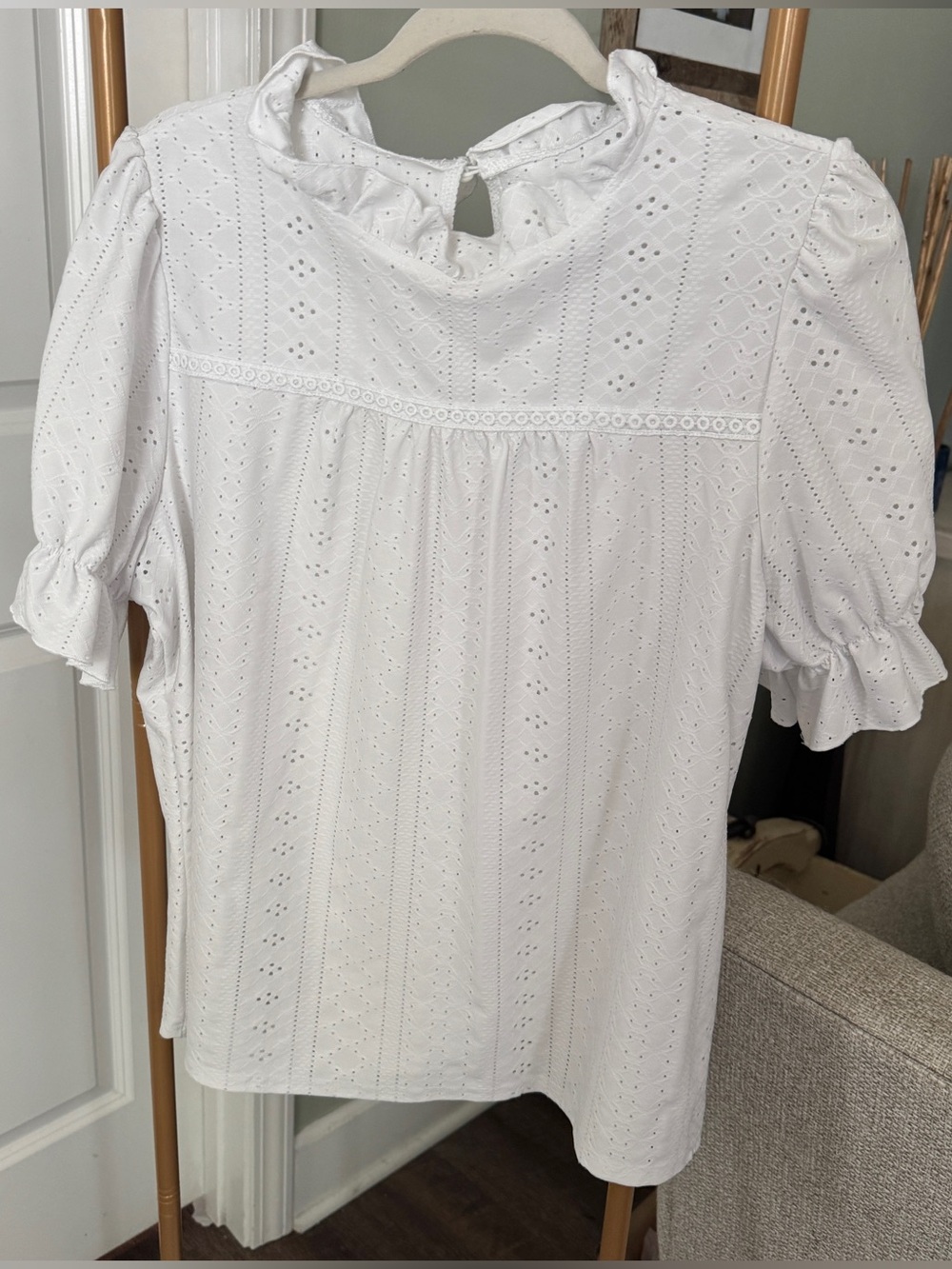 White Eyelet Ruffle Neck Puff Sleeve Blouse